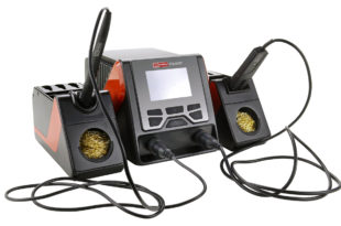 Soldering tool offers simultaneous operation of iron and tweezer tools