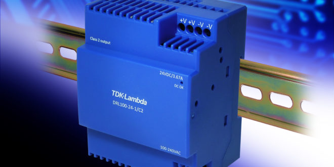 Low profile 88W DIN rail power supply conforms to Class 2 and Class II standards