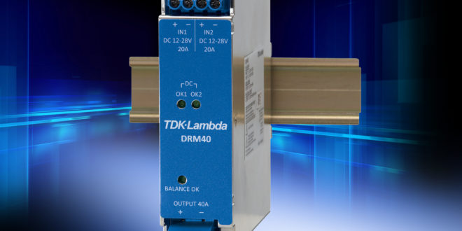 Low loss, 20A to 40A DIN rail redundancy module has load sharing balance indication