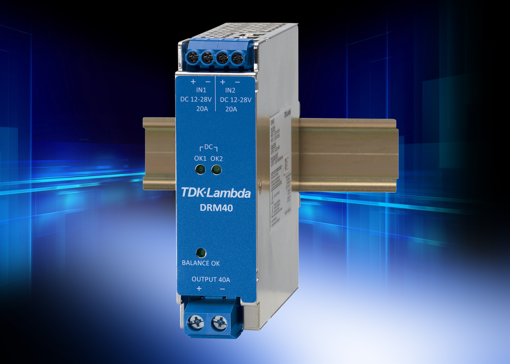 Low loss, 20A to 40A DIN rail redundancy module has load sharing ...
