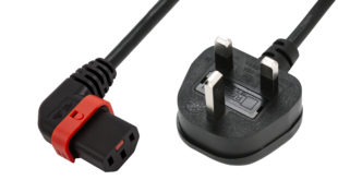 Angled locking cable for IEC C14 power connectors