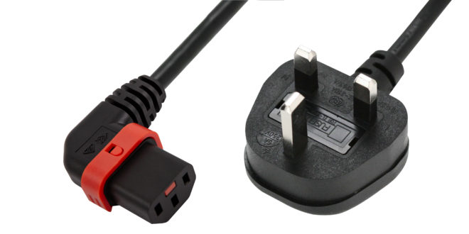 Angled locking cable for IEC C14 power connectors