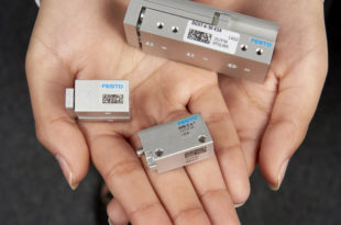 Mini-slides feature an integrated guide unit driven by a pneumatic cylinder