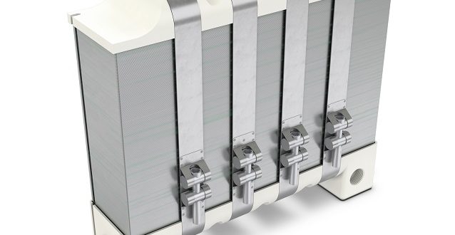 Stacked bipolar plates form the core of the fuel cell