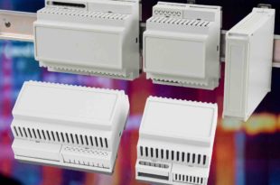 Flame-retardant plastic enclosures for mounting to standard DIN rails
