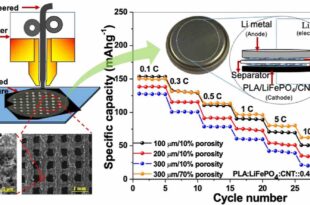 A new type of 3D-printed battery which uses electrodes made from vegetable starch and carbon nanotubes could provide mobile devices with a more environmentally-friendly, higher-capacity source of power.