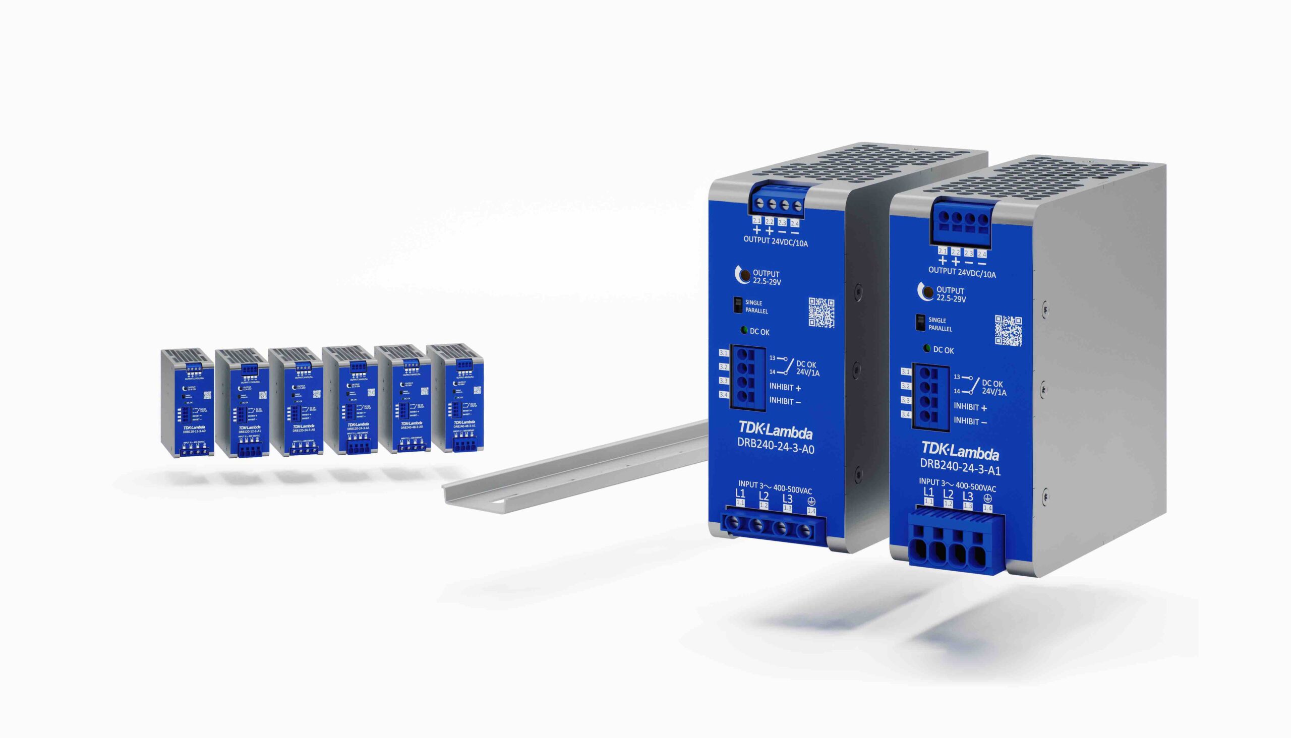 120W and 240W three-phase input DIN rail power supplies feature +20% peak power capability