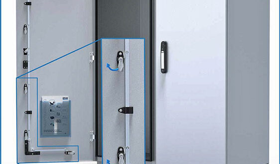 Slimline cabinet locking hardware for large control cabinets