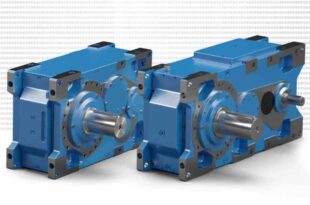 Industrial gear unit with increased centre distance suited to U-shaped configuration of drive, motor and cable drum